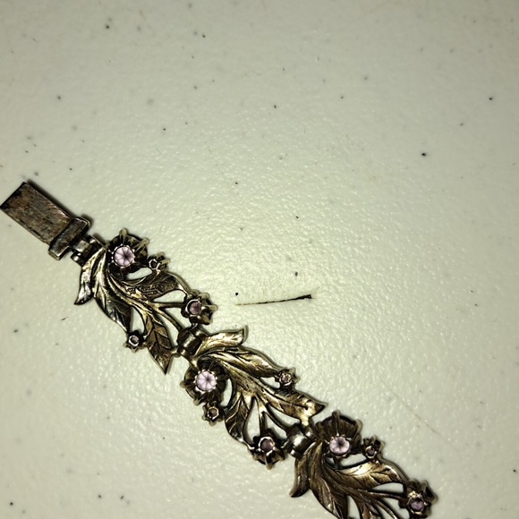 Beautiful Vintage Sterling Silver Amethyst Marcasite Flower Leaf Bracelet - Picture 9 of 12